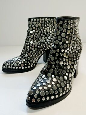 Studded Black Leather Ankle Boots with Silver Accents - Women's